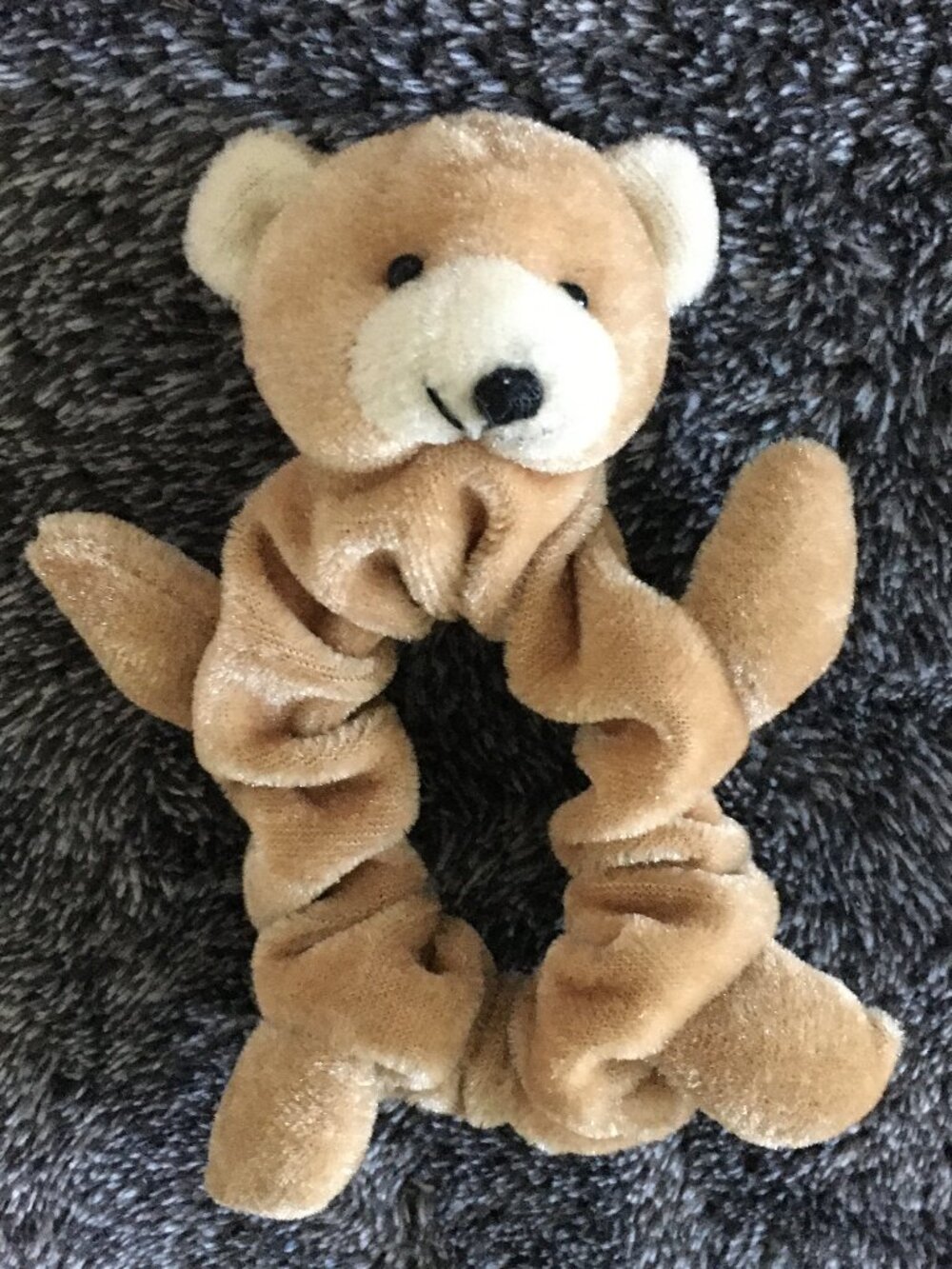 Fawn-colored velvet teddy bear scrunchie